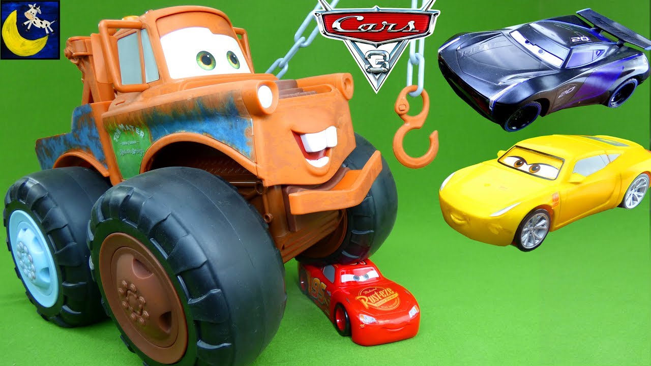 HUGE Max Tow Mater Monster Truck Disney Cars 3 Toys Crash Lightning McQueen Jackson Storm Race Toys!