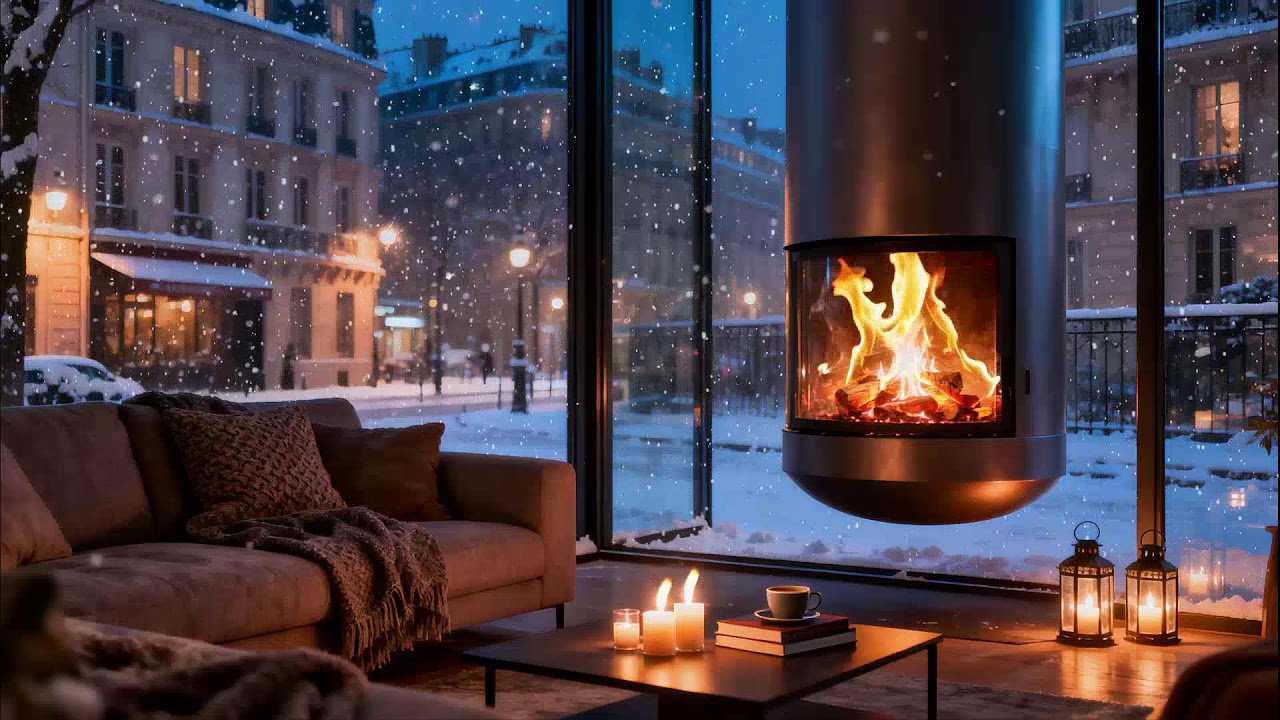 City Night Beneath Falling Snow 🔥 Modern Firelight and Calm