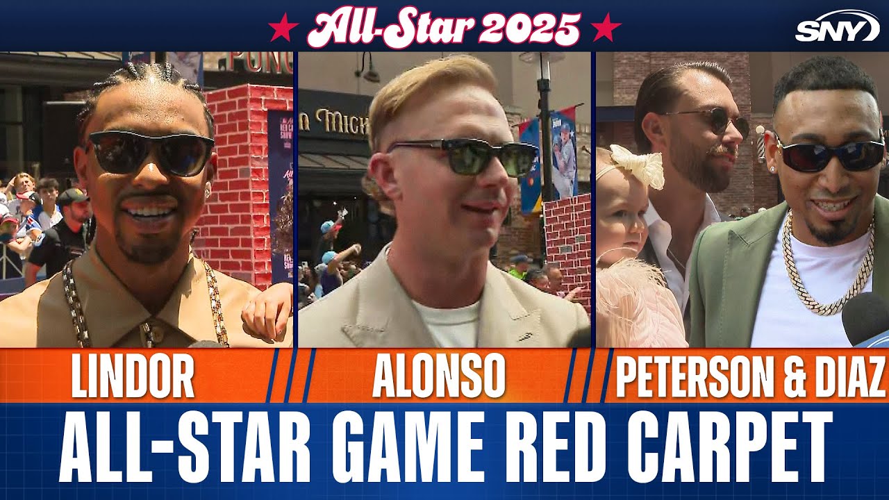 Francisco Lindor, Pete Alonso, Edwin Diaz, and David Peterson walk the All-Star Game Red Carpet