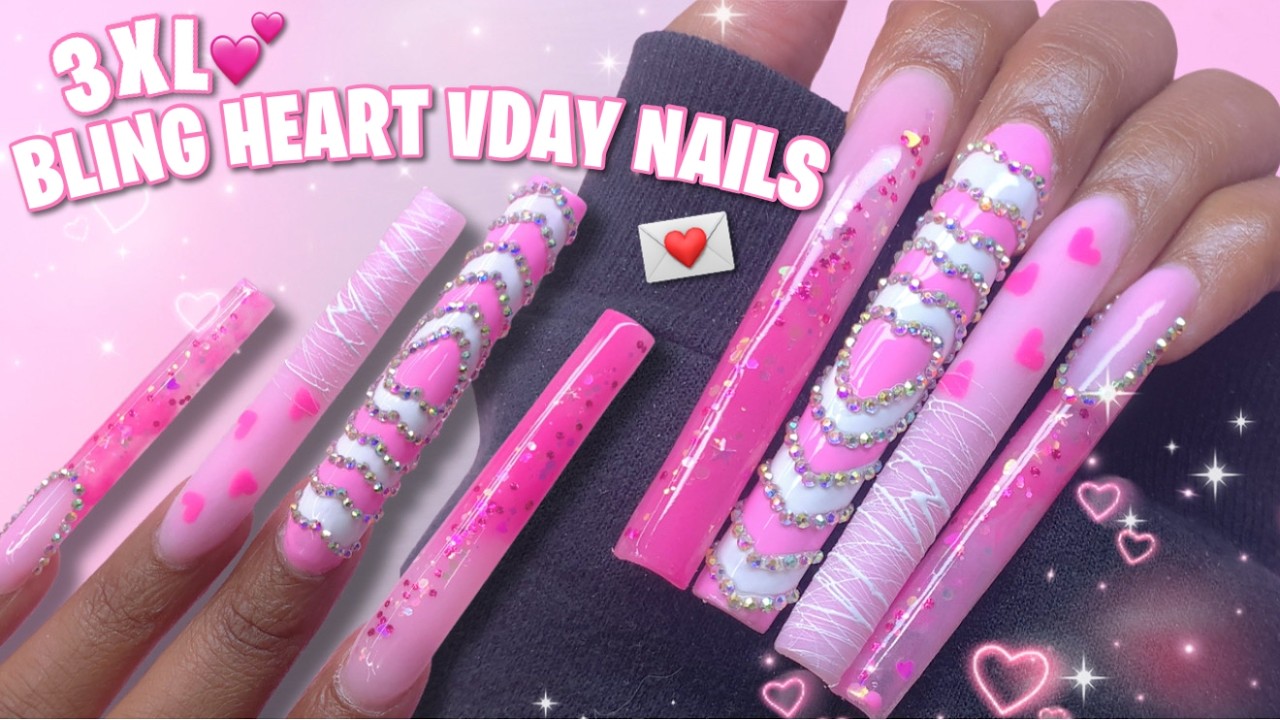 3XL BLING HEART VALENTINE'S DAY NAILS 💗 ENCAPSULATED MARBLE GLITTER NAIL ART | ACRYLIC NAILS