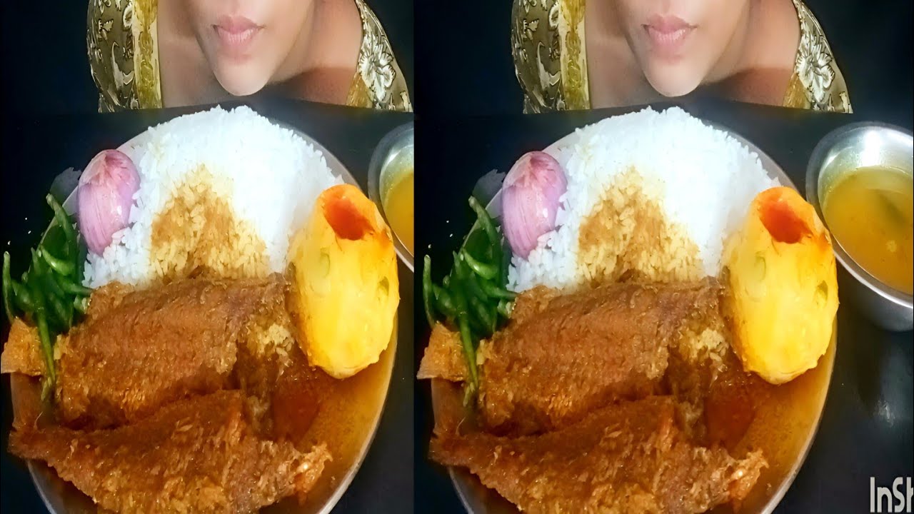 ASMR EATING HOT RICE SPICY FISH CARRY, ALU VORTA, DAL AND GREEN CHILLI.