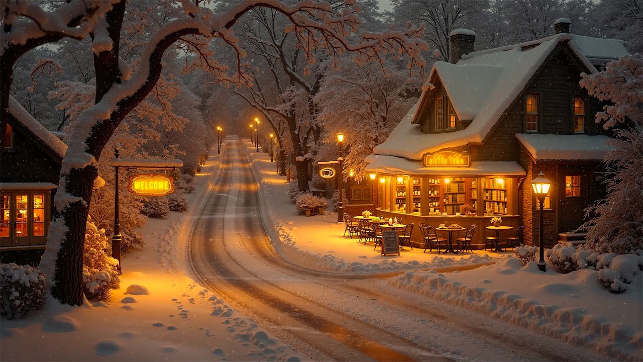 Cozy Winter Night Jazz ❄️ Quiet Snowy Coffee Shop Town | Relaxing Jazz Playlist for Peaceful Moments