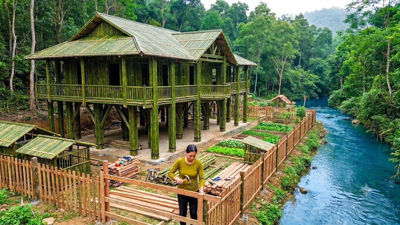 A Woman And Her 5 Year Old Son Building A Wooden Fence To Protect Their Home From Wild Animals