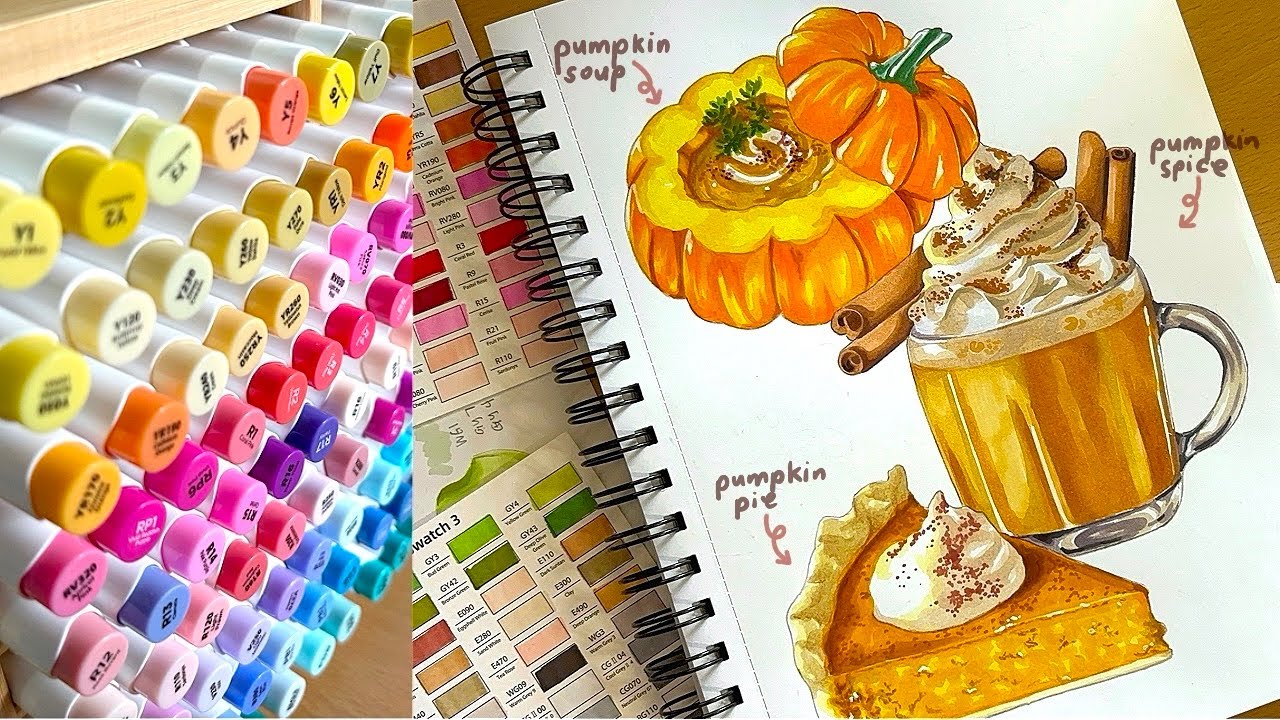 color with me, autumn food illustrations 🍁🎃, alcohol markers and color pencils | cozy art vlog