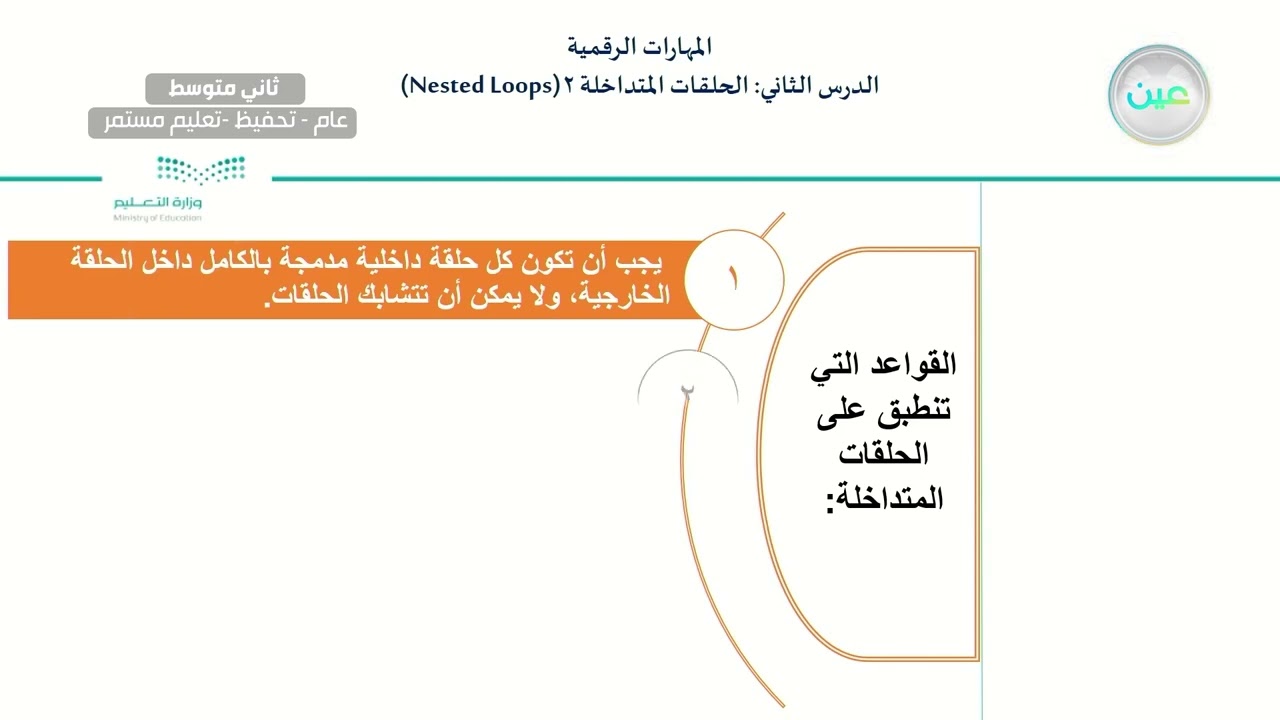 الدرس الثاني: الحلقات المتداخلة Nested Loops 2 - المهارات الرقمية - ثاني متوسط