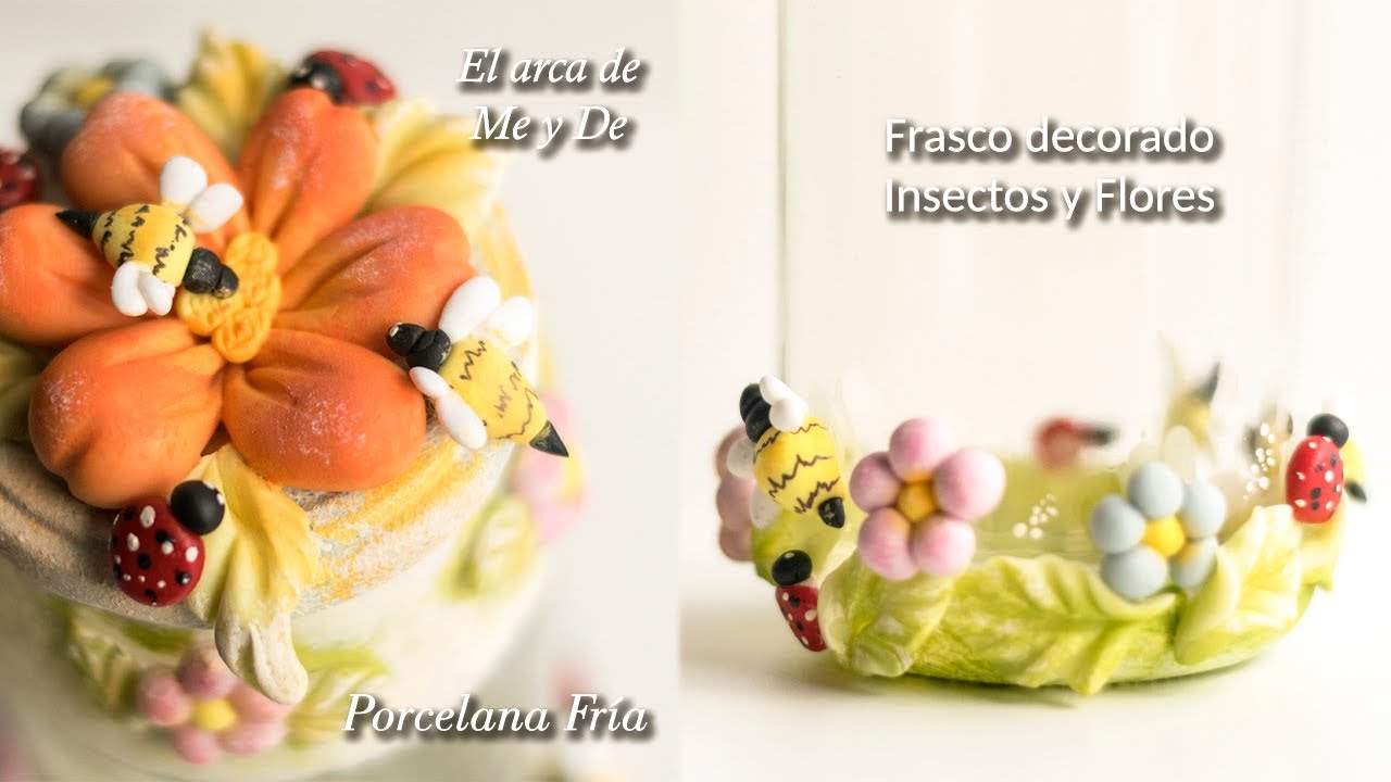 FRASCO DECORADO PORCELANA FRÍA INSECTOS Y FLORES elarcademeyde