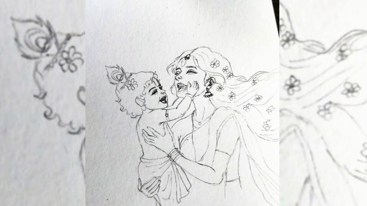 How To Draw Baby Krishna With Yashoda Maiyya| Easy Pencil Outline Drawing 