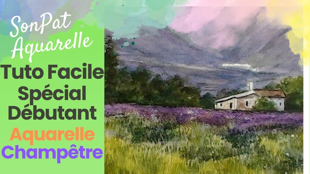 Aquarelle Champêtre: Champ de Lavande et Paysage Montagneux