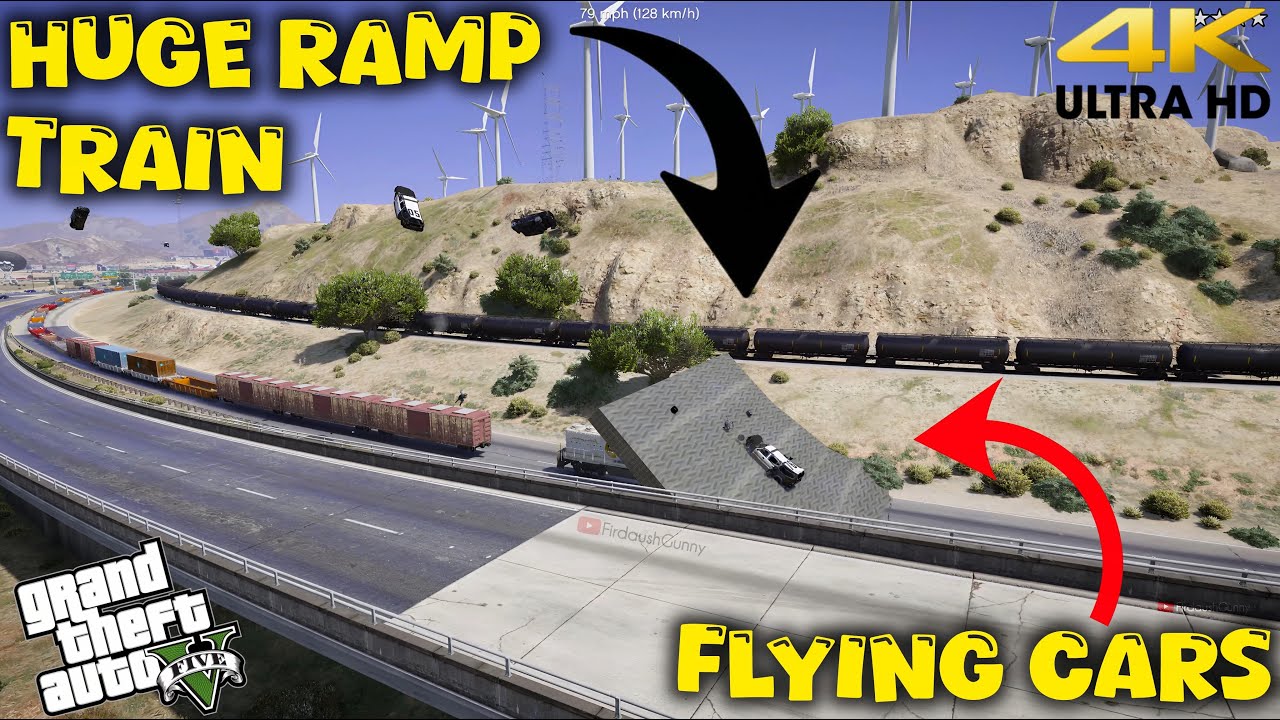 Train with Big Ramp and flying vehicles - Grand Theft Auto V | Tanks & Army