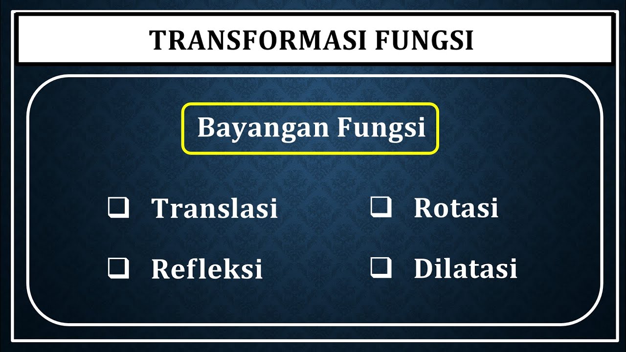 TRANSFORMASI FUNGSI   Bayangan fungsi pada translasi refleksi rotasi dan dilatasi Kurikulum Merdeka