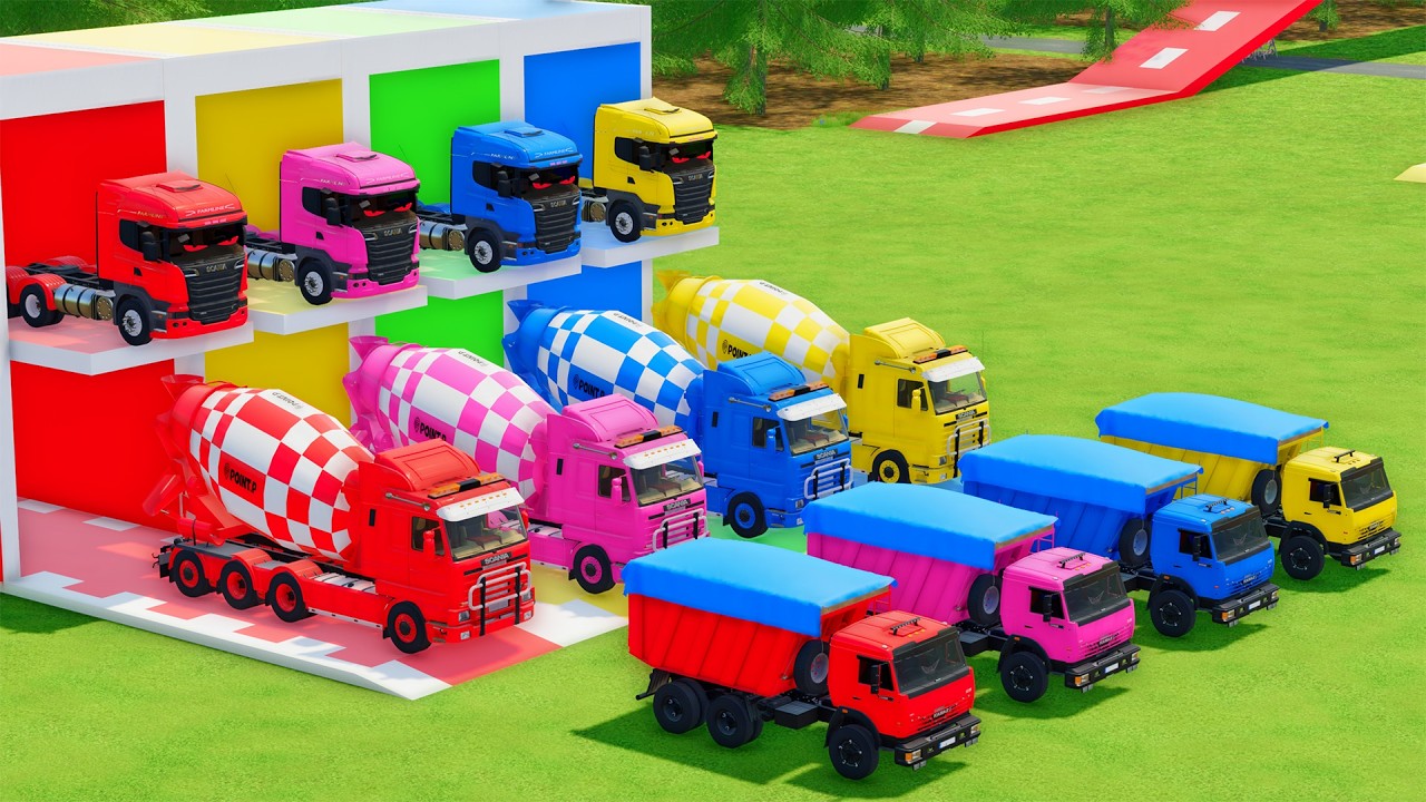 Garage with Colors - ALL MIXER TRUCK WITH DOUBLE FLATBED TRAILER TRUCK, SCANIA, KAMAZ - FS22