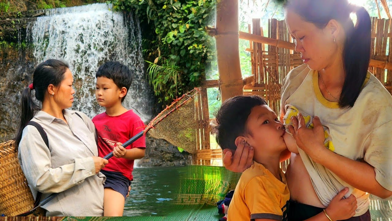 The mother and daughter went to the stream together to catch snails to improve their lives.