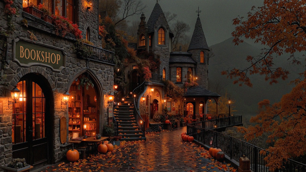 Pumpkins Glow Outside Bookshop Beyond the Autumn Fog Mountains | Dark Academia Piano on Rain Nights