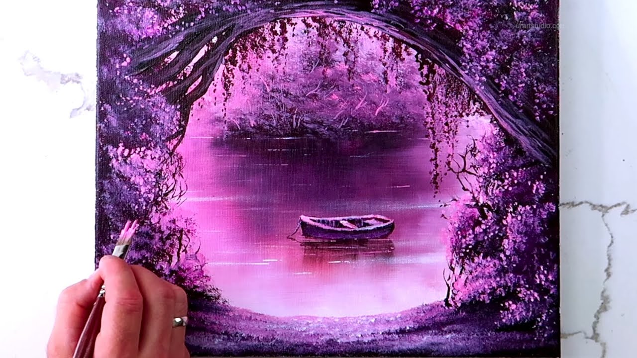 Lavender Shore | Solitary Boat | Acrylic Step by Step painting techniques