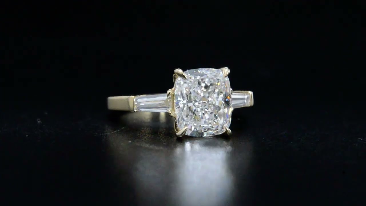 3.13 Natural Cushion Cut with Baguette Sides Diamond Engagement Ring - GIA Certified