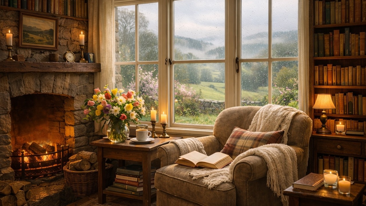 Cozy Spring Ambience in an English Countryside Cottage | Fireplace & Bird Sounds for Reading | 4K