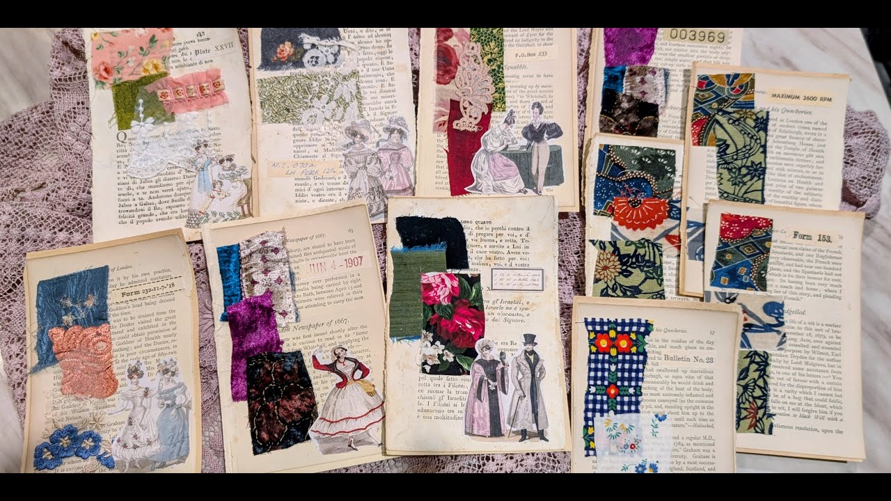 Textile sample cards on book pages #scrapbusting