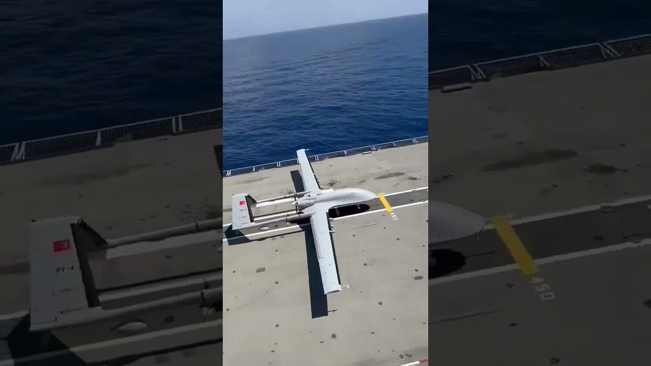 Bayraktar TB3, an armed drone  taking off & landing on the TCG ANADOLU Turkey