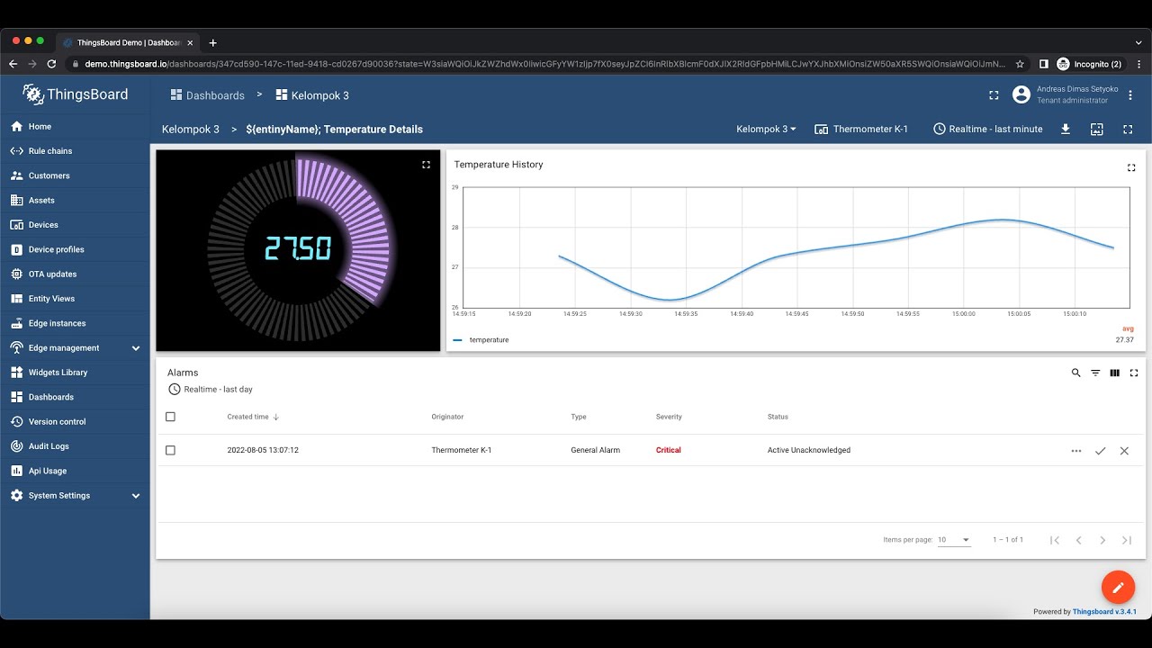 Dashboard Monitoring Themperature using ThingsBoard and Generate Alert Notification through Email