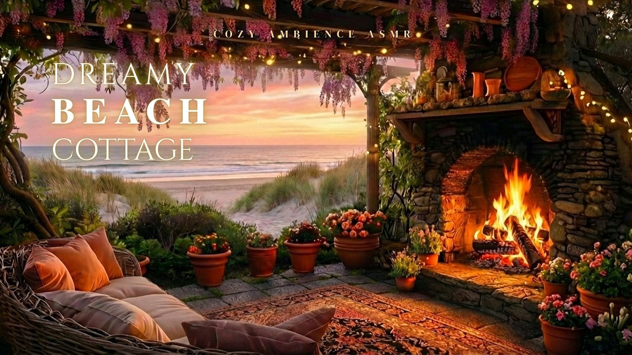 Dreamy Beach Cottage 🌺🌊 Crackling Stone Hearth & Sunset Waves Ambience for Study & Sleep