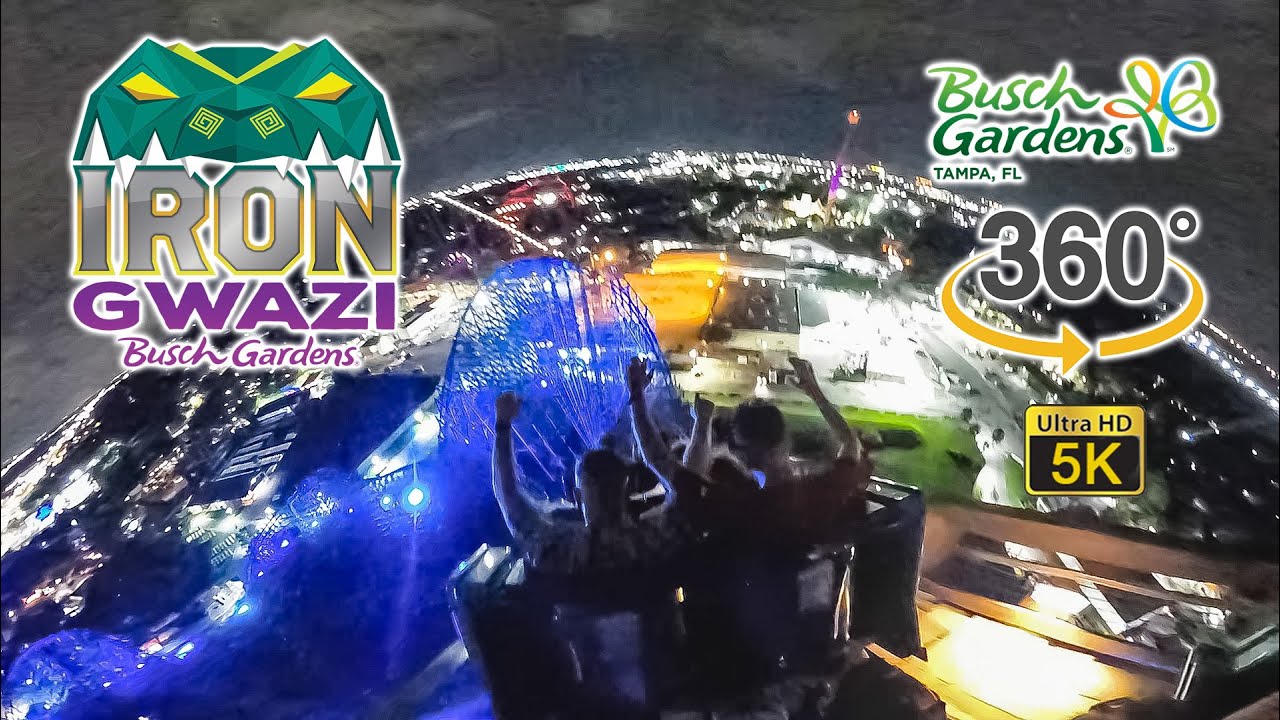 VR 360 5K Iron Gwazi Roller Coaster at Night On Ride POV Busch Gardens Tampa 2022 07 07