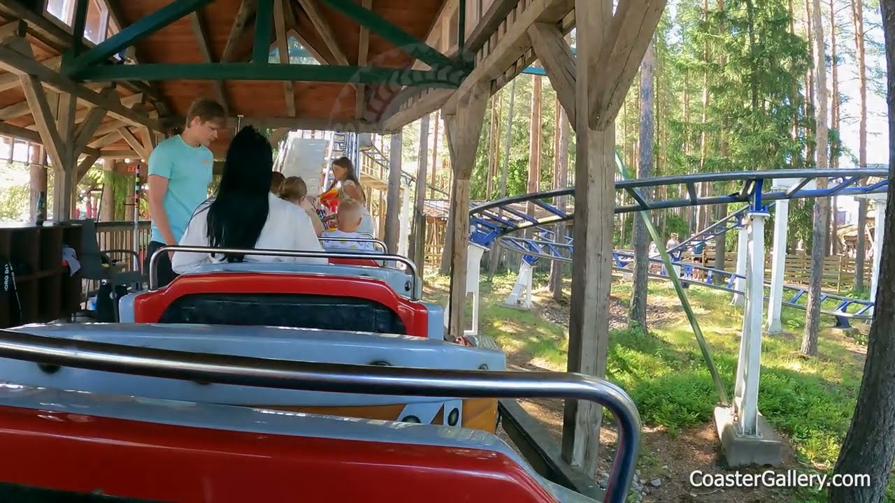 Mine Train kiddie roller coaster at PowerPark (PowerLand) in Finland. POV on Zamperla Gravity 80STD