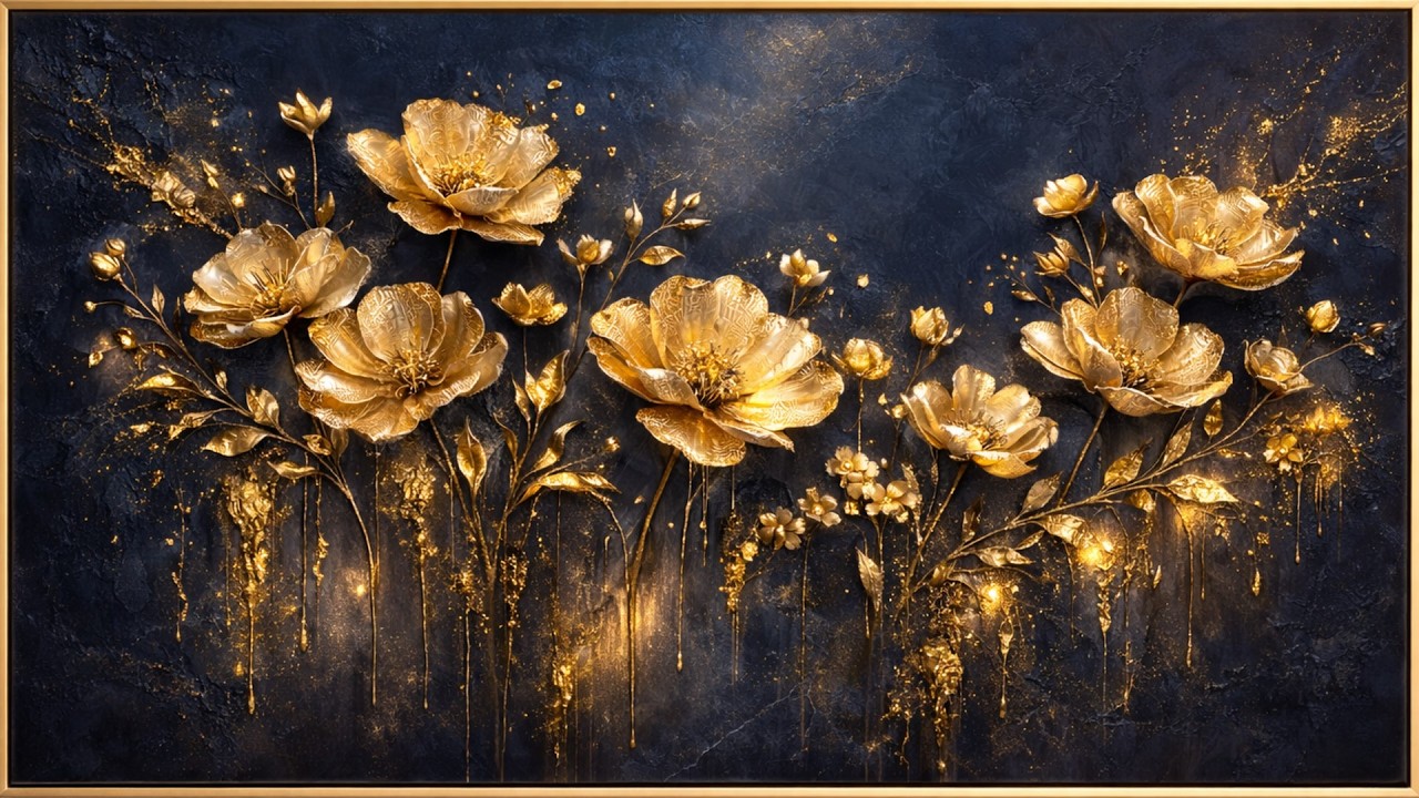 Luxury Gold Flowers on Midnight Blue | Elegant Framed Floral Wall Art (4K Calm TV Art)