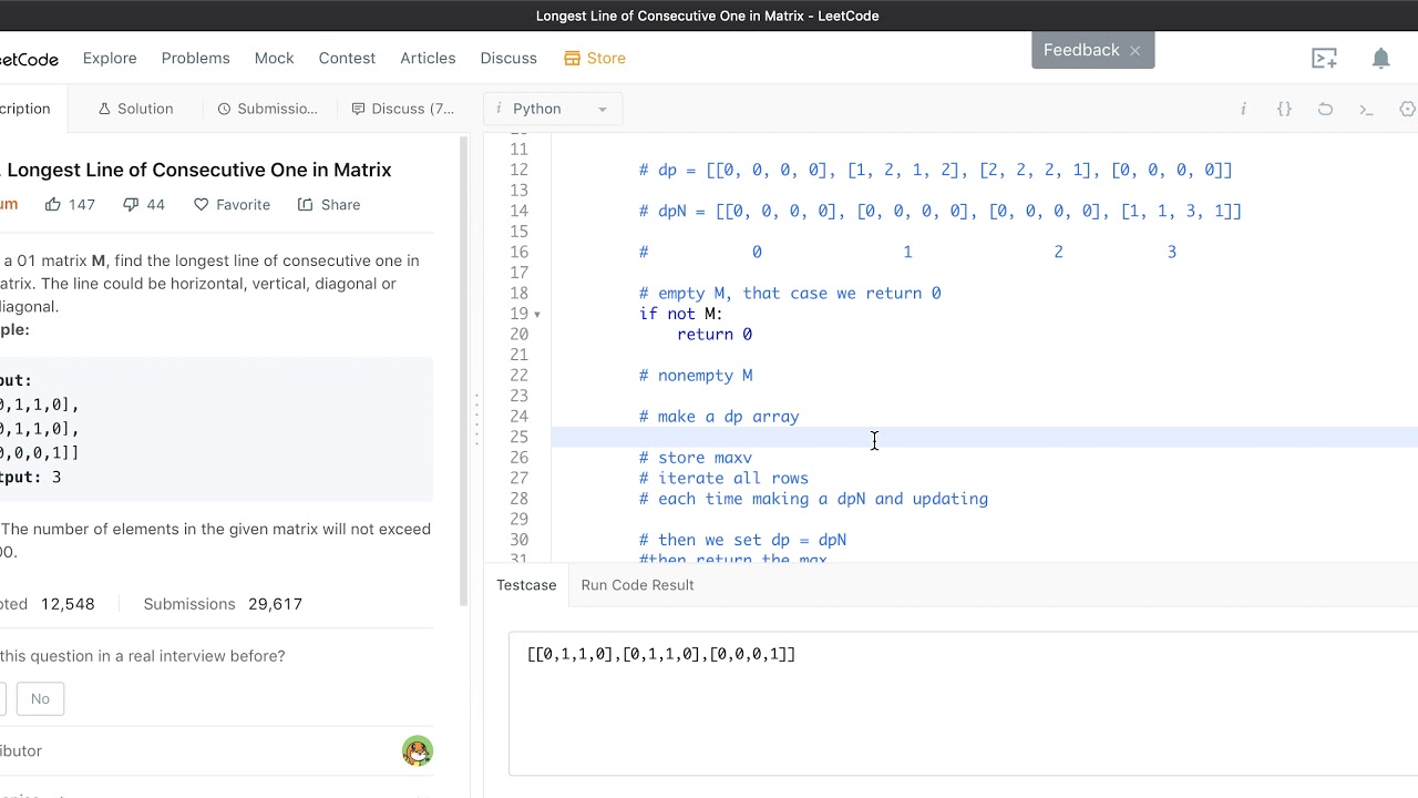 Google Coding Interview Question: Longest Line of Consecutive Ones in Matrix