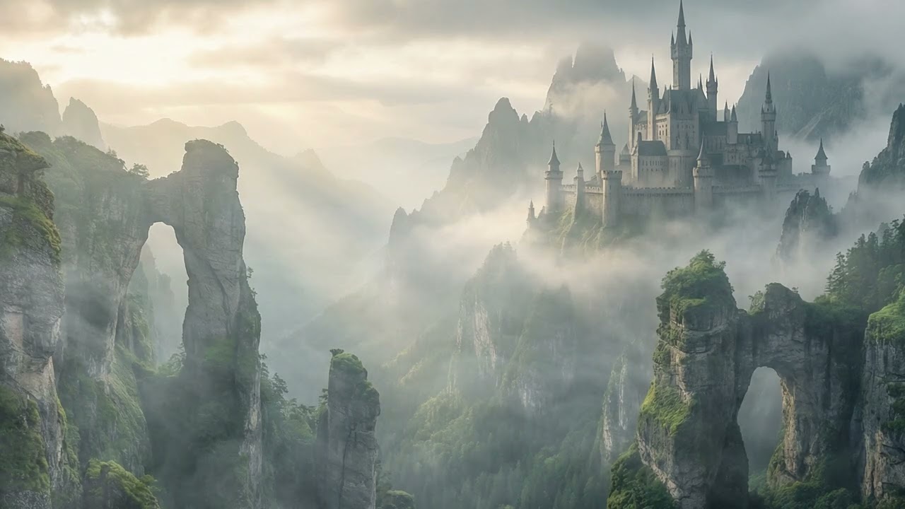 Mystical Mountain Castle | Fantasy Night Ambience with Fog & Calm Music | Deep Sleep & Relaxation