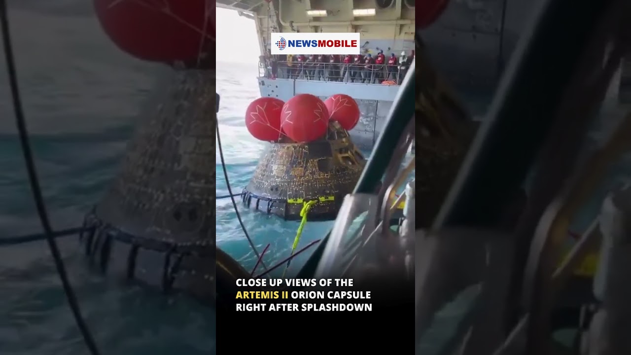 Close up views of the Artemis II Orion capsule right after splashdown