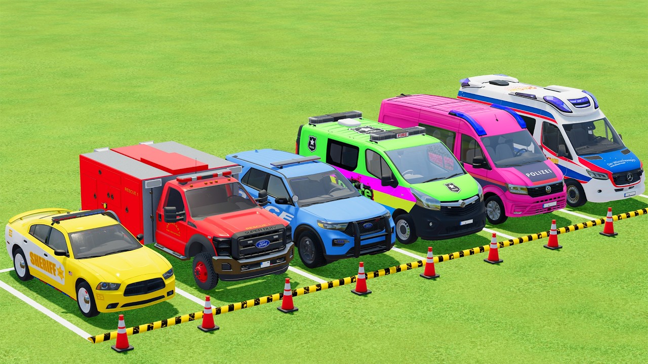 TRANSPORTING POLICE CARS, AMBULANCE, FIRE TRUCK, COLORFUL CARS WITH TRUCK - FARMING SIMULATOR 22 #07