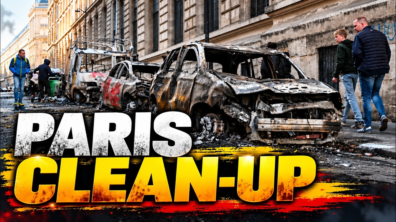 Burnt out cars and shattered glass litter Paris streets