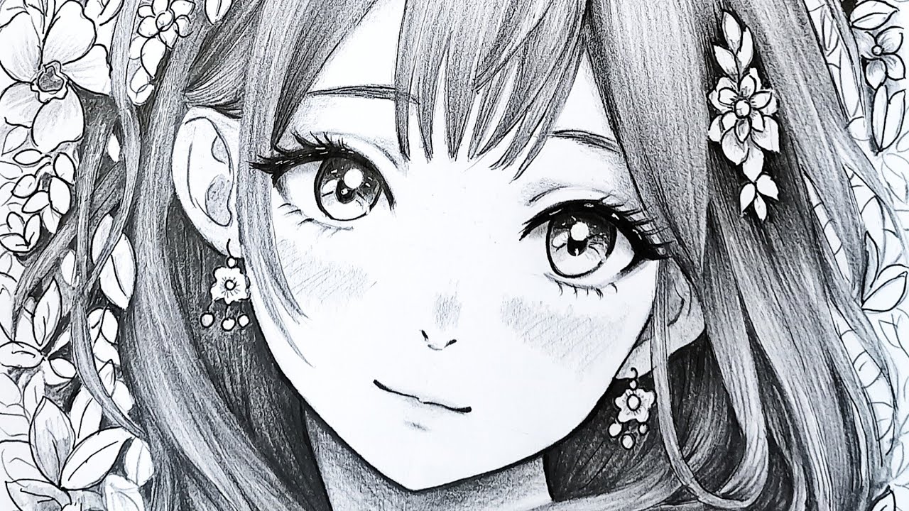 Anime Girl Pencil Drawing | Realistic Eyes & Floral Details