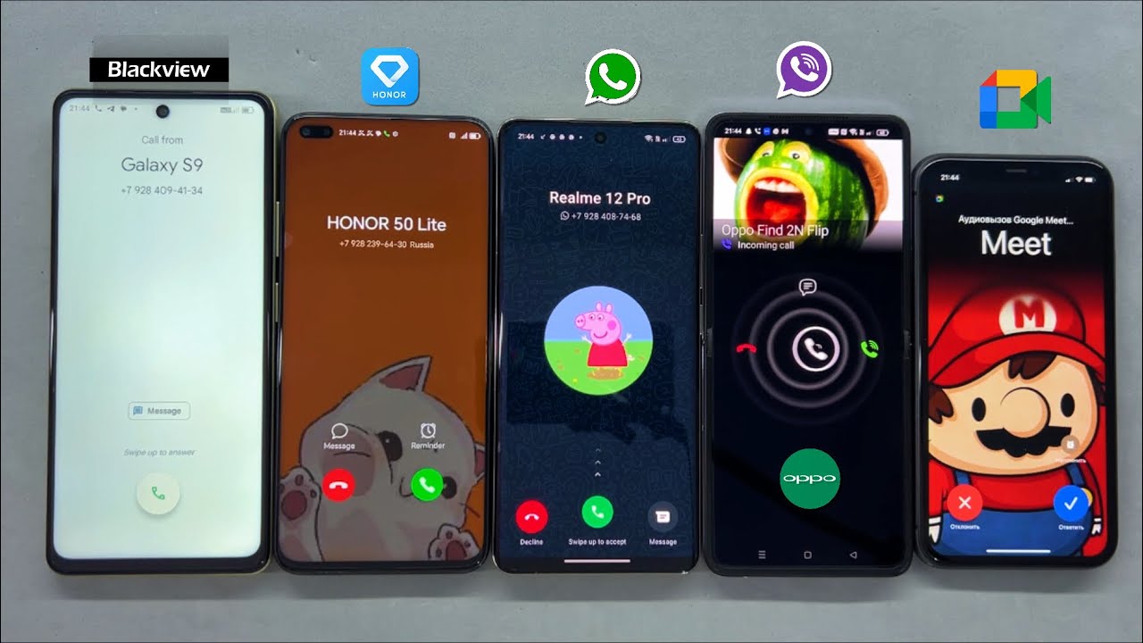 Meet, Viber, WhatsApp Incoming call iPhone 11 + Blackview 8 + Oppo Flip + Realme 12P + Honor 50