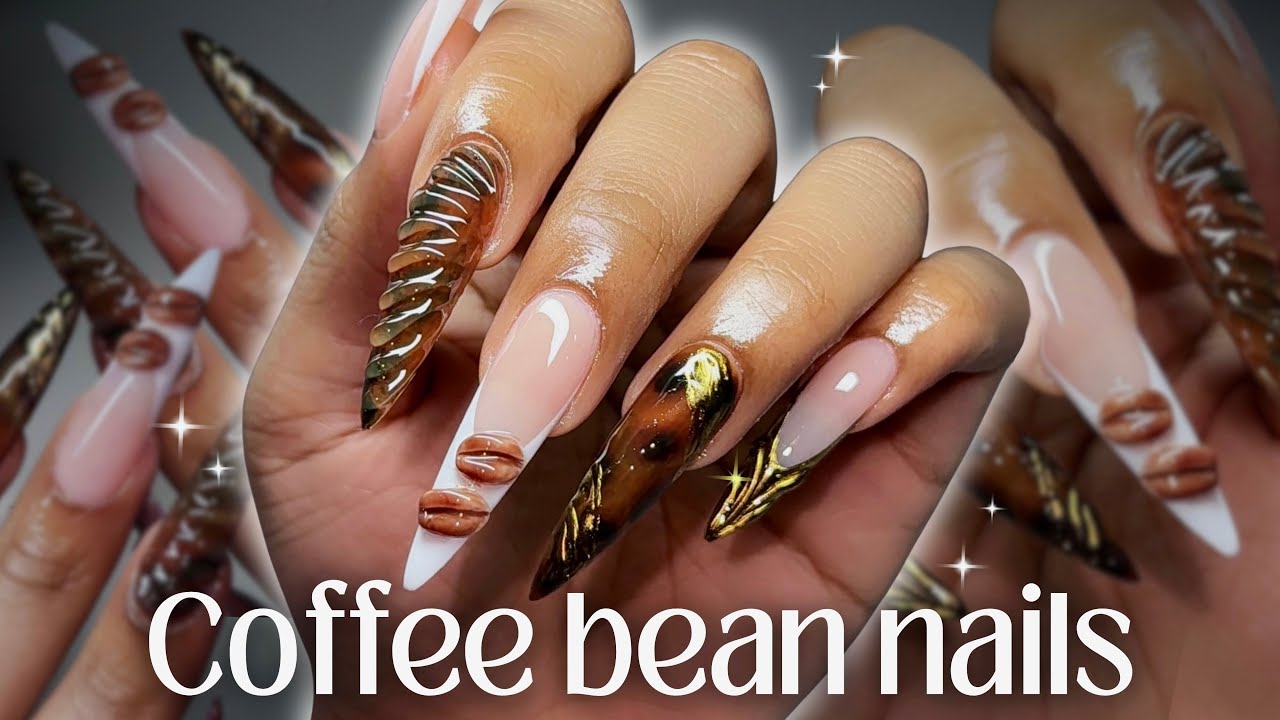 Ногти цвета кофейных зерен ☕️🤎 Урок по наращиванию ногтей гелем GelX + веселый 3D-дизайн ногтей ✨