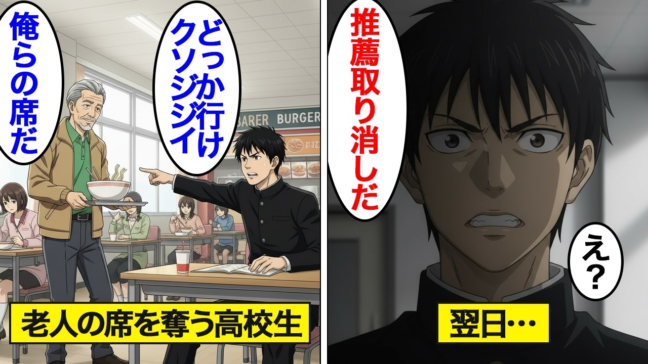 【漫画】フードコートで老人の席を奪う高校生「ジジイはよそに行けｗｗ」翌日→突然大学の推薦が拒否され…【スカッと】
