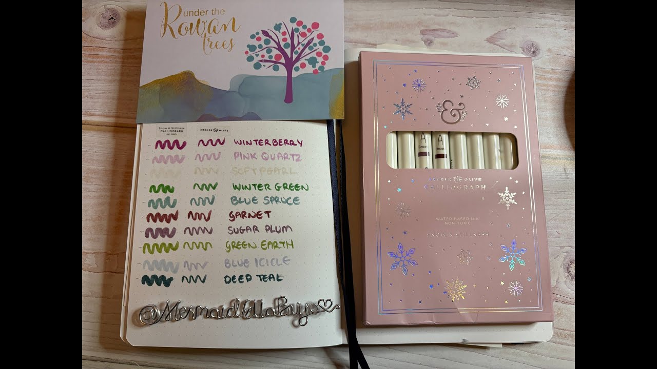 Swatching the Archer & Olive Snow & Stillness Calliographs from Under The Rowan Trees