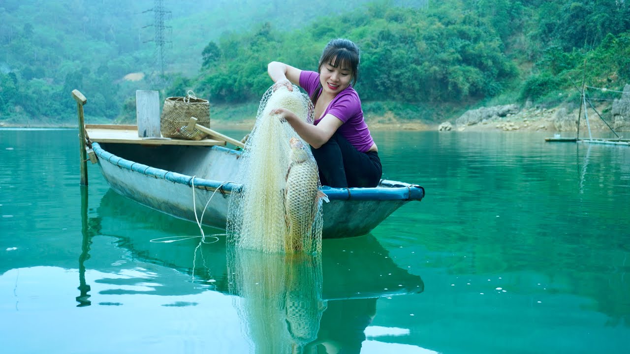 Calm Lake Life: Checking Fishing Nets and Casting the Net by Hand