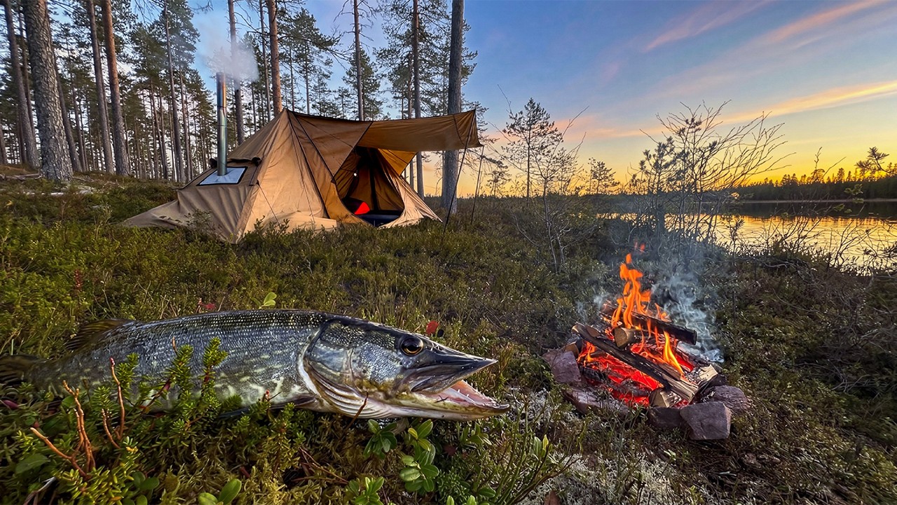 Solo Off-Grid Camping by a Remote Lake | Pike Catch & Cook