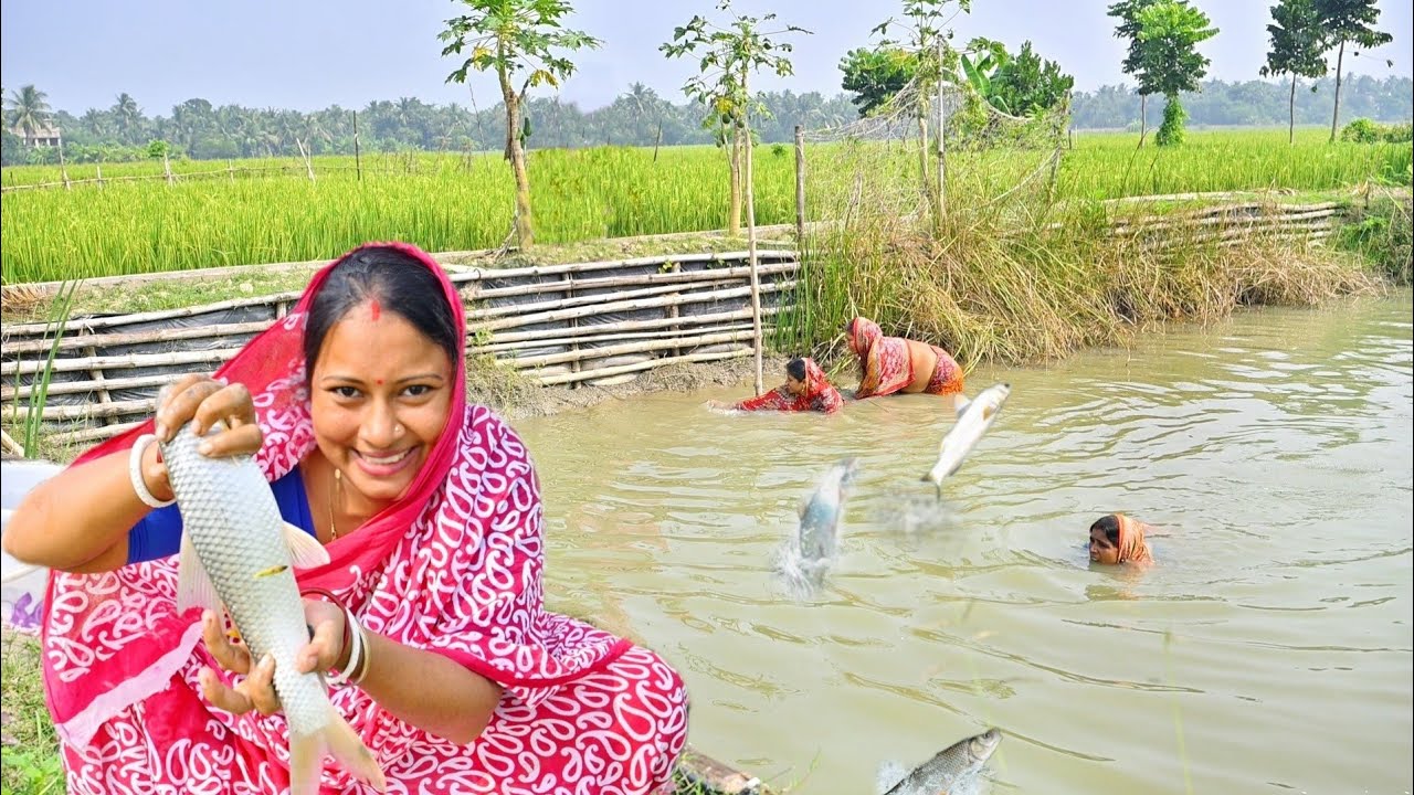 পুকুর থেকে মাছ ধরে জ্যান্ত মাছ আর সব্জি দিয়ে ঝোল রান্না সথে কলমি শাক ভাজা || fish curry recipe
