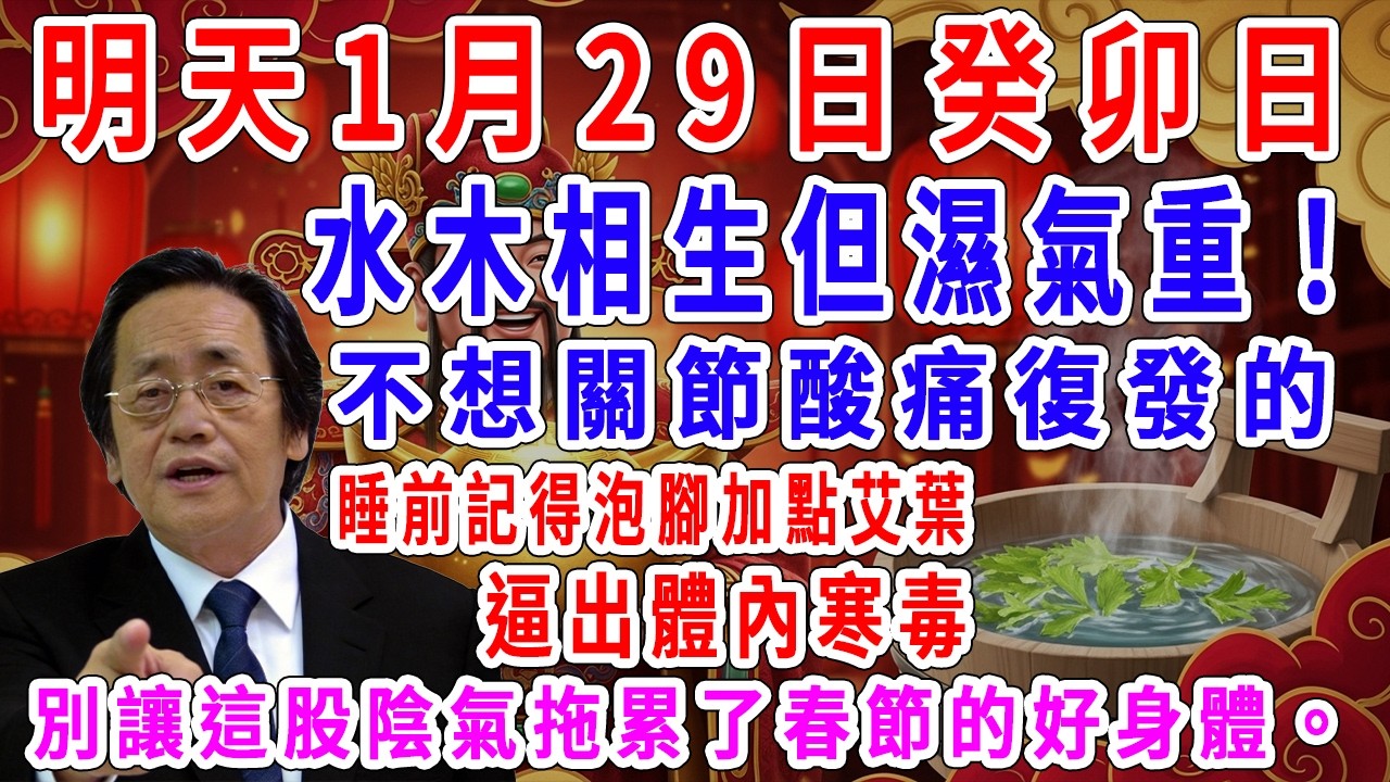 明天1月29日癸卯日，水木相生但濕氣重！不想關節酸痛復發的，睡前記得泡腳加點艾葉，逼出體內寒毒，別讓這股陰氣拖累了春節的好身體。