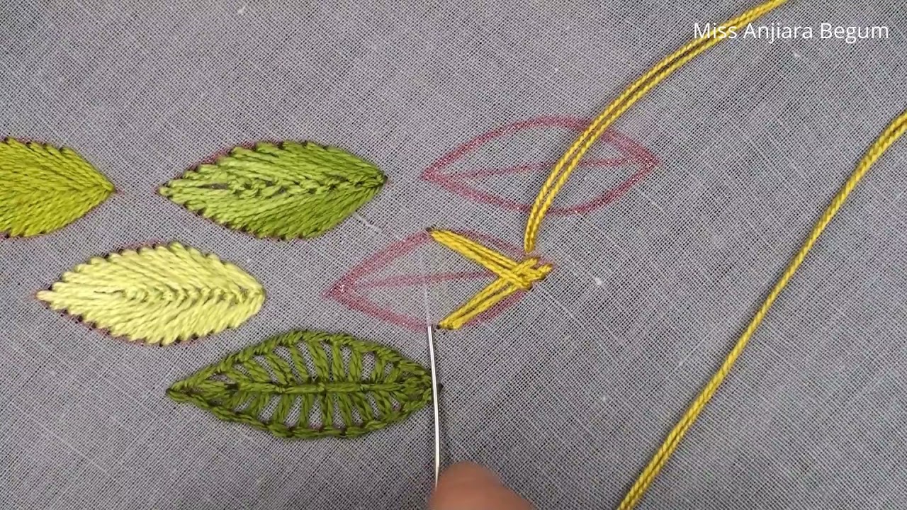 Hand Embroidery Leaf Design Tutorial Step by Step, Leaf Embroidery Design for Beginners-537