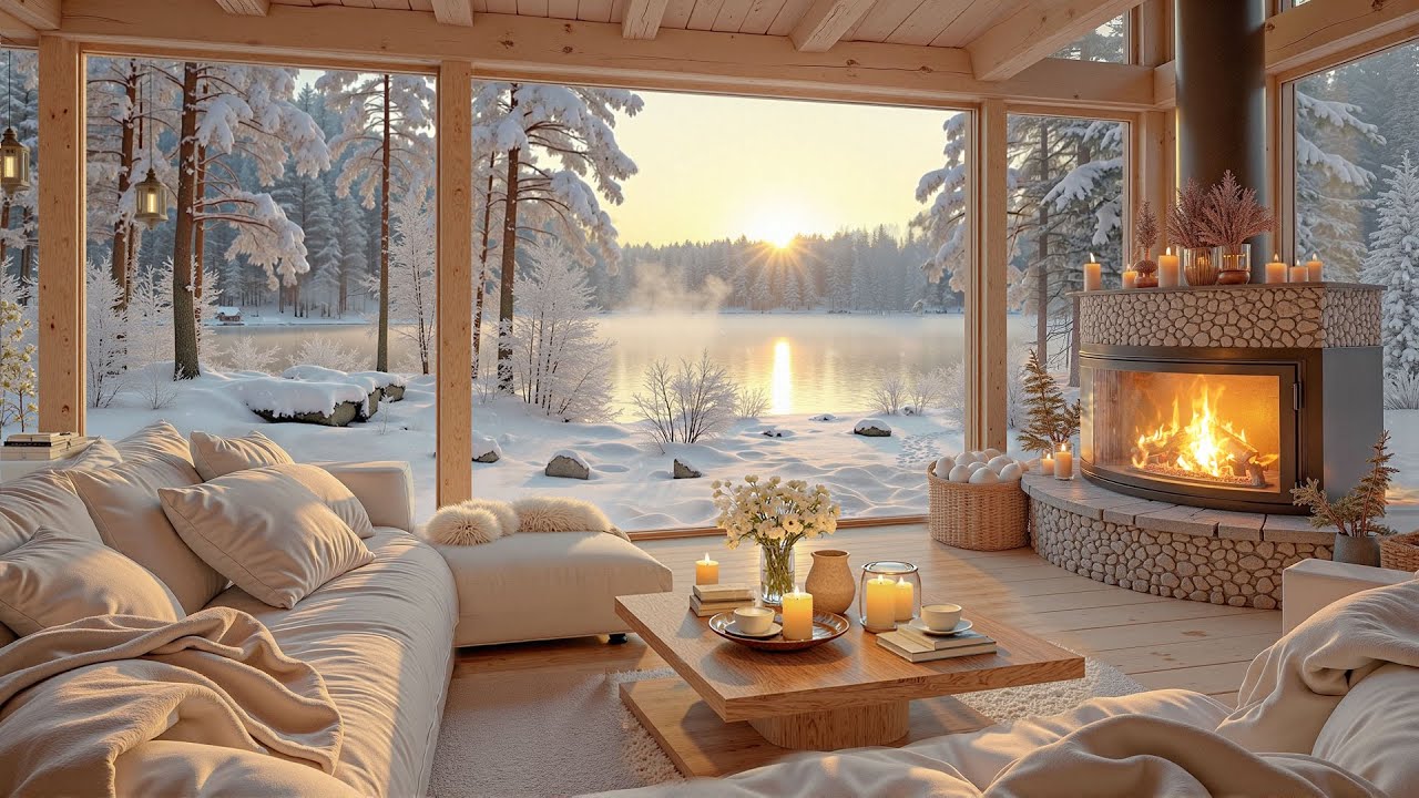 ❄ Tranquil Winter Morning Jazz at a Cozy Cabin ☕ Gentle Snowfall & Fireplace Ambience for Study