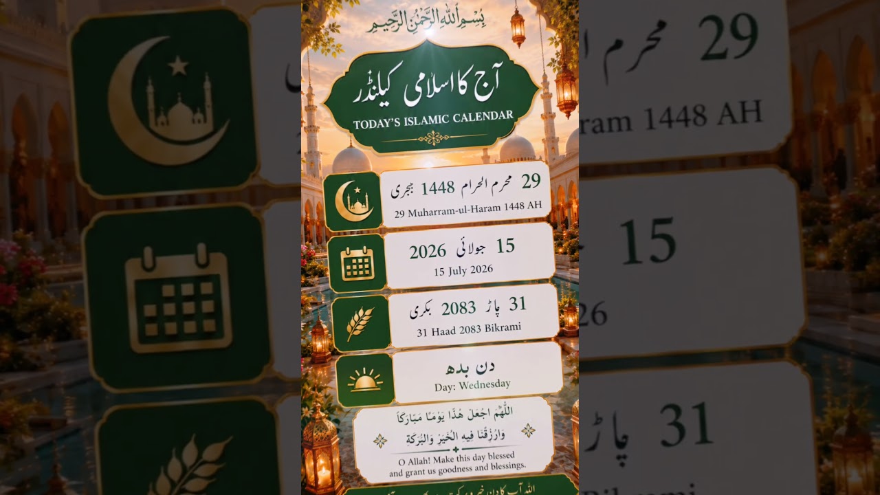 Islamic Calendar 15 July 2026 🕌 | Aaj Chand Ki Kitni Taarikh Hai? | 29 Muharram 1448 Hijri |