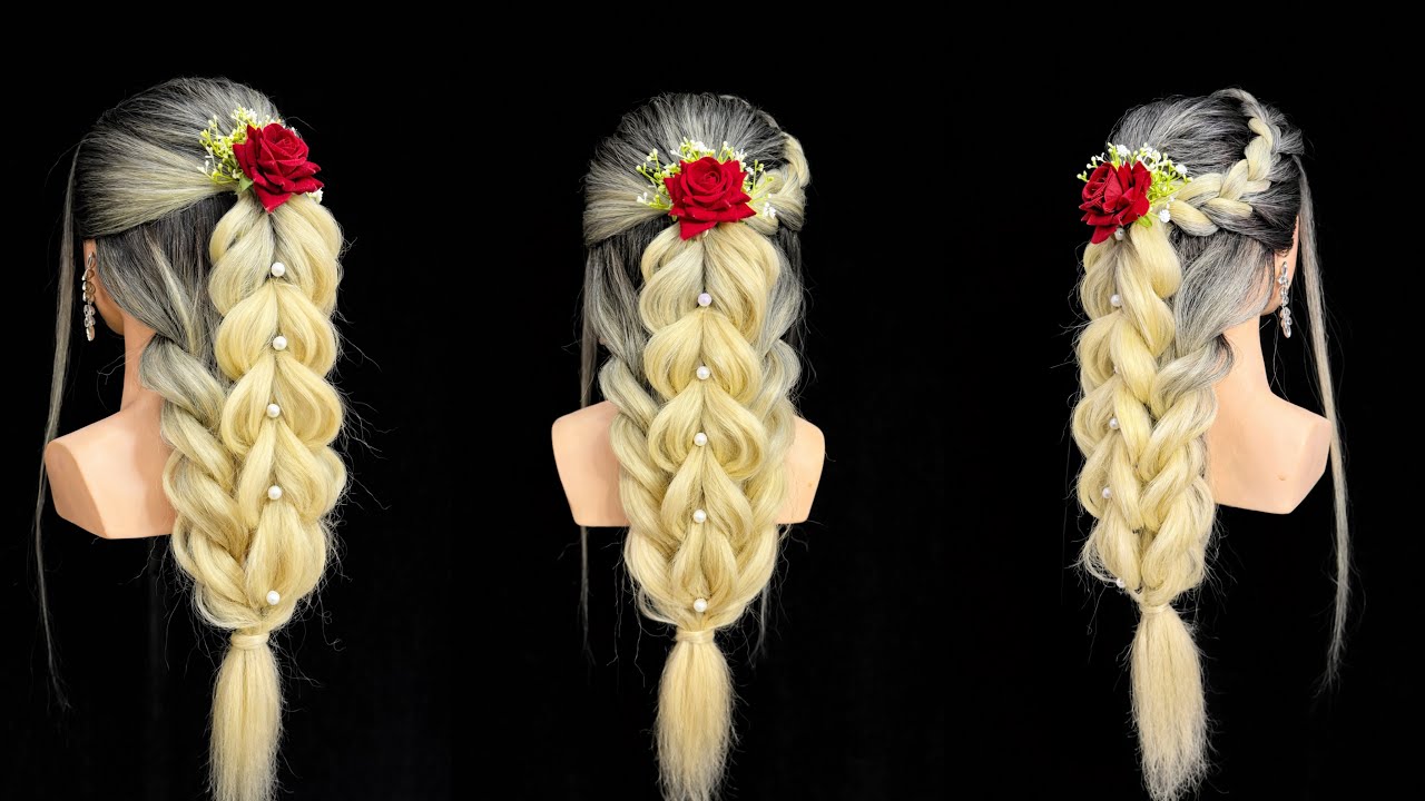 💐 Floral Long Braid Hairstyle | Simple & Elegant Hair Style #viral #hairstyles #youtubevideo 