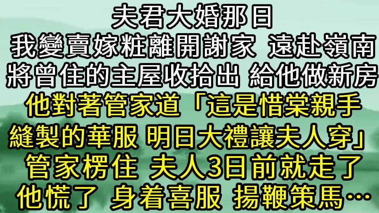 夫君大婚那日 我變賣嫁粧離開謝家，遠赴嶺南。將我曾住的主屋收拾出來，給他做新房。 他對著管家道「這是惜棠親手縫製的華服，明日大禮讓夫人穿」管家楞了，夫人3日前就走了。他慌了，身着喜服，揚鞭策馬…