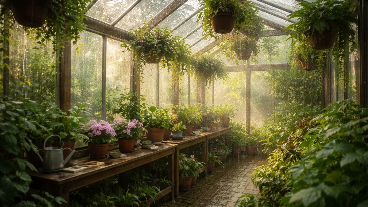 Spring Greenhouse Rain Hitting the Roof | Gentle Rain on Glass Ambience 3 Hours