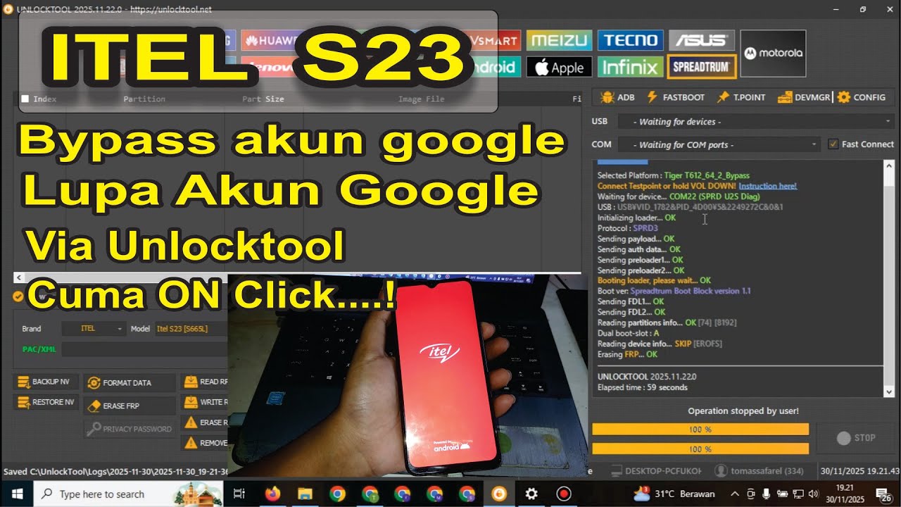 Remove Frp Akun Google ITEL S23 Via Unlocktool ON Click Terbaru