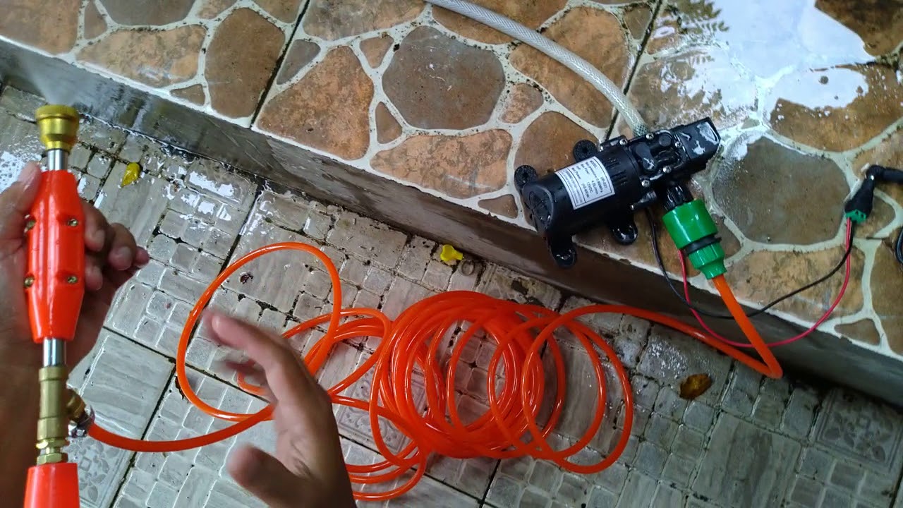 Pake Selang PU Orange, Pompa DC Cuci SC, cuci motor mobil praktis hemat listrik mantab