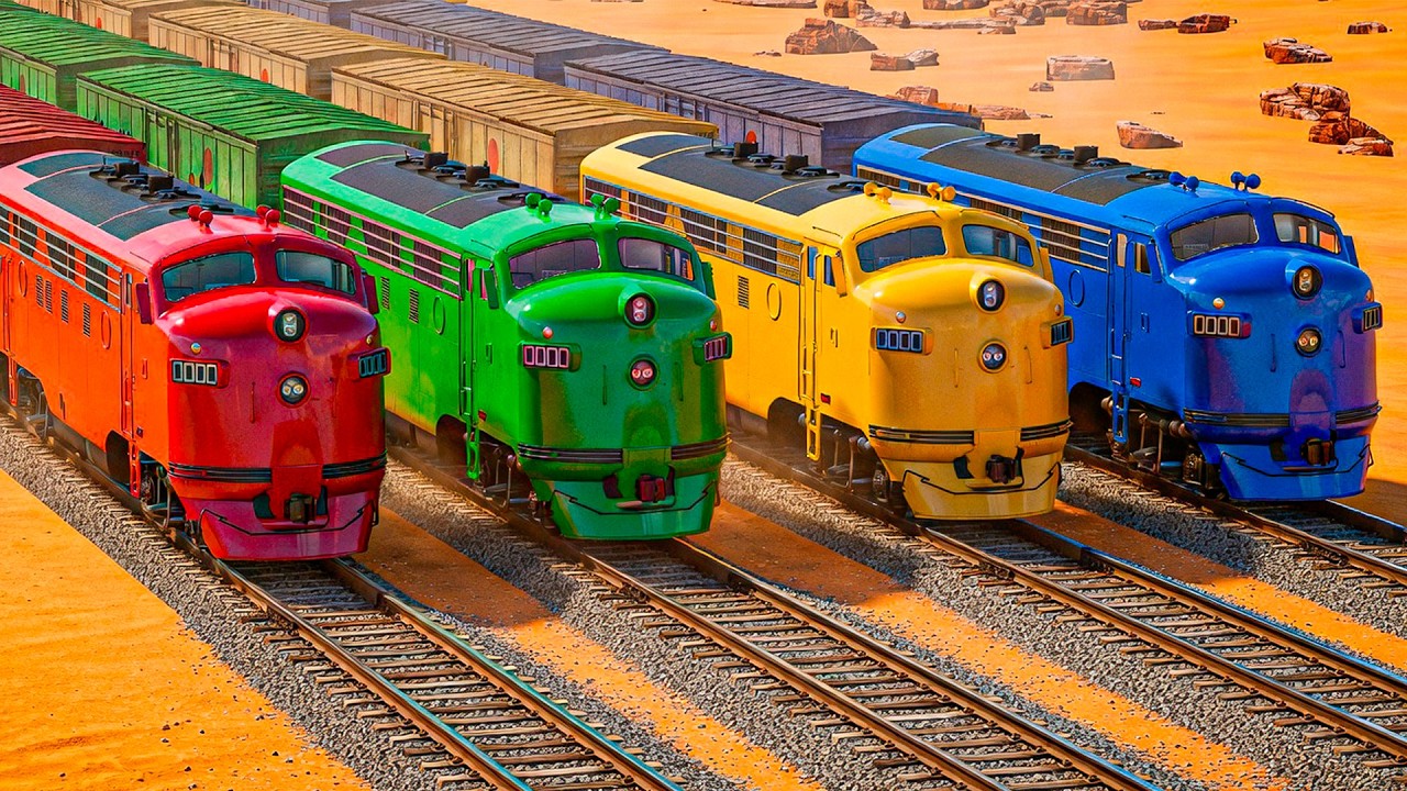 Double Colorful Trains Vs Straight Impossible Weird Rail Tracks Crossing Desert | BeamNG.drive